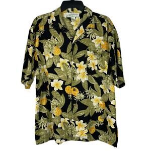 Pineapple Moon Large Hawaiian Shirt Floral Button-Up Short Sleeve 100% Silk